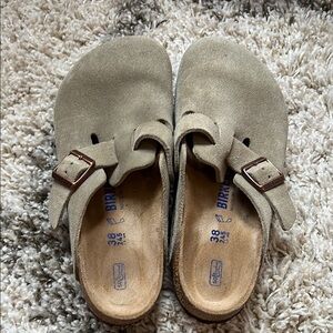 Birkenstock Taupe Boston Suede Slip-On Clogs